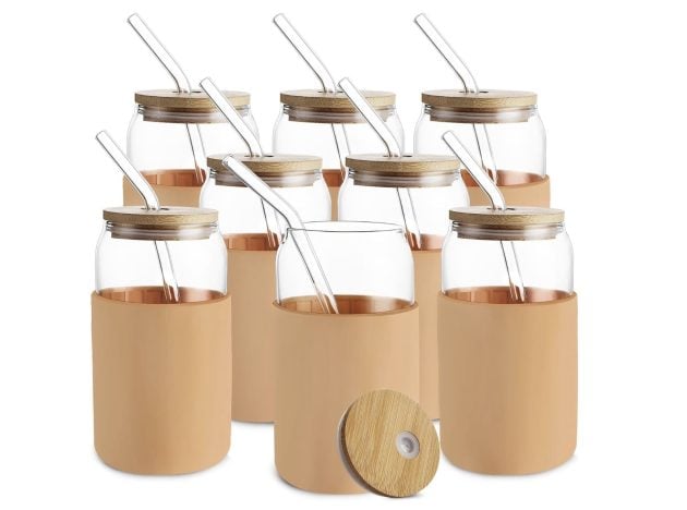 Glass Cups with Bamboo Lids and Straws